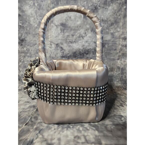 Silver Rhineston His & Hers Wedding Flower Girl Basket + Ring Bearer Pillow Set - Picture 8 of 12